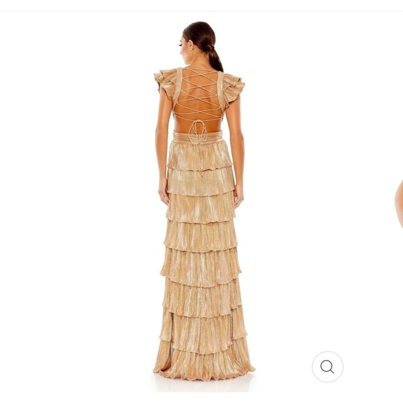 Mac Duggal Gold Ruffle gown maxi full length slit bridal shower bridesmaid guest - Picture 2 of 11